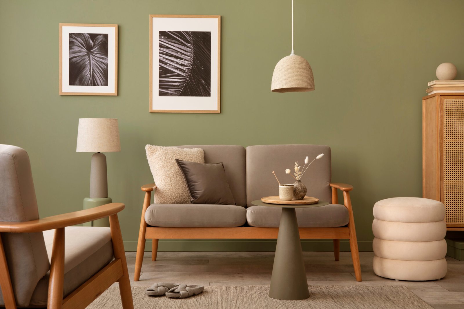 Elegant composition of living room interior. Modern scandi sofa, design pillows, side table, rattan commode and creative personal accessories. Sage green wall. Template. Copy space.