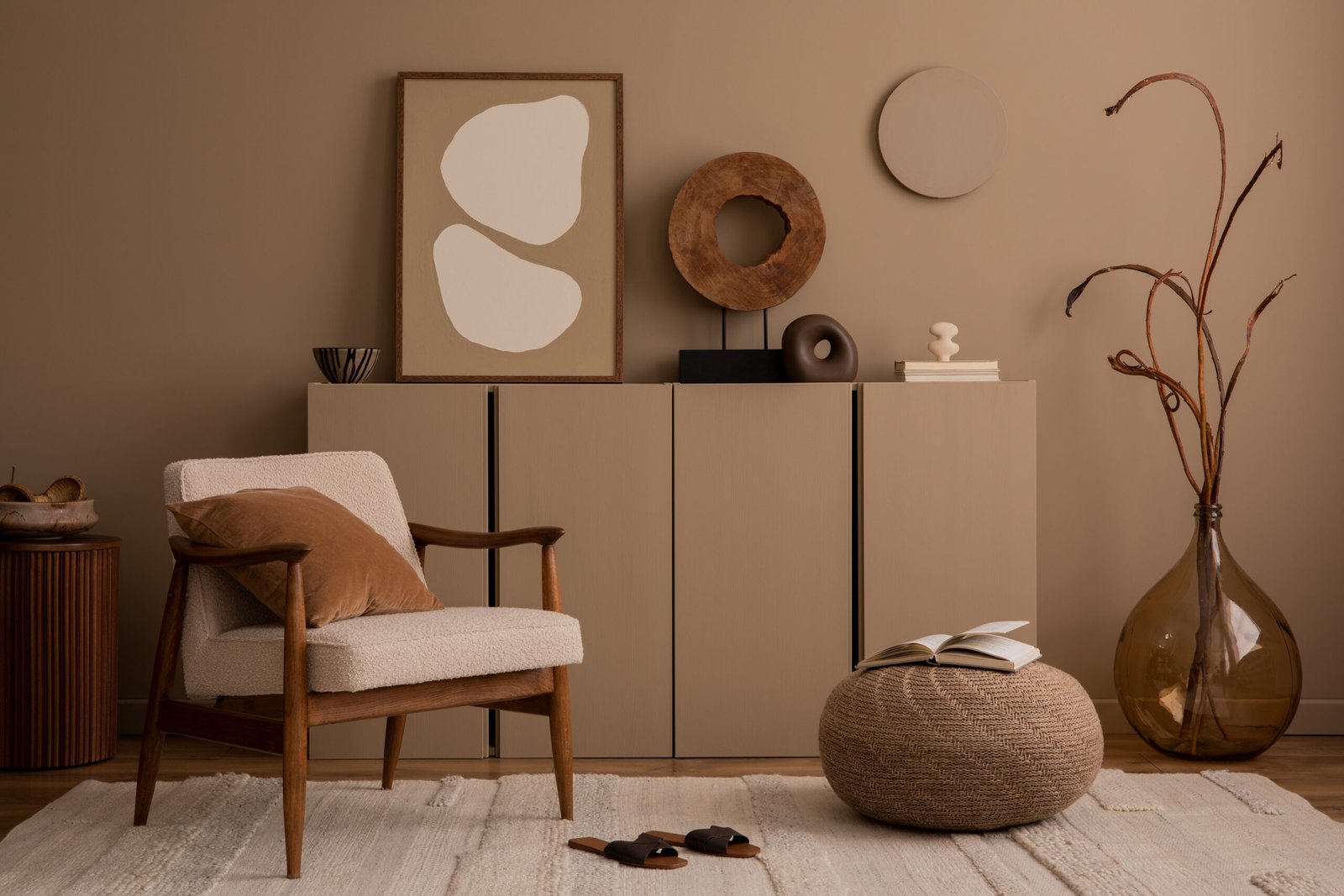 Creative composition of living room interior with mock up poster frame, boucle armchair, pillow, vase with branch, wooden sculpture, slippers, beige rug and personal accessories. Home decor. Template.